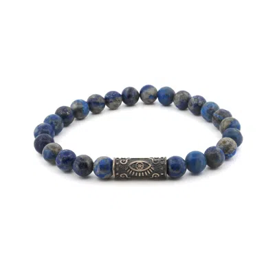 Ebru Jewelry Men's Blue / Silver Lapis Lazuli & Sterling Silver Unique Evil Eye Symbol Beaded Bracelet - Blue