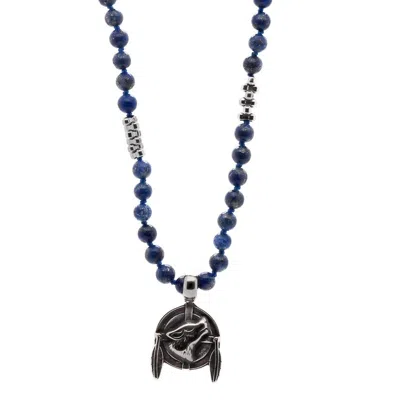 Ebru Jewelry Men's Blue / Silver Wolf Pendant Lapis Lazuli Stone Beaded Brave Necklace - Blue
