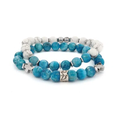 Ebru Jewelry Men's Blue / White Freedom Spirit Blue Apatite & Howlite Bracelet Set - Blue