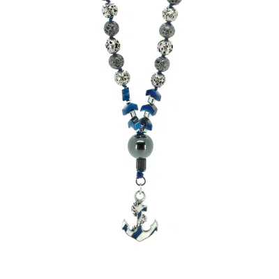 Ebru Jewelry Men's Blue / White / Silver Ocean Power One Of A Kind Anchor Beaded Necklace - Blue