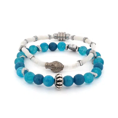 Ebru Jewelry Men's Blue / White / Silver Ocean Zen Blue Jade & White Pearl Men's Bracelet Set - Blue