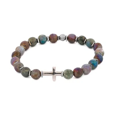 Ebru Jewelry Men's Blue / White / Silver Sterling Silver Cross & Mystic Indian Agate Beaded Bracelet - Multicolor In Brown