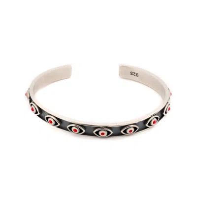 Ebru Jewelry Men's Coral Evil Eye Sterling Silver Cuff Bracelet - Silver