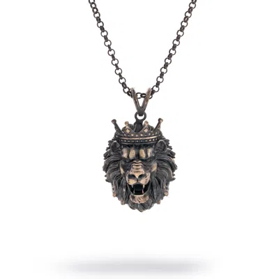Ebru Jewelry Men's Crowned King Lion Men's Sterling Silver Necklace - Silver In Black