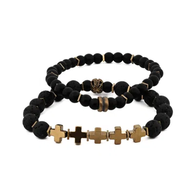 Ebru Jewelry Men's Gold / Black Gold Cross Black Beaded Bracelet Set - Black