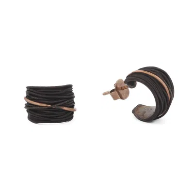 Ebru Jewelry Men's Gold / Black / Silver Men's Sterling Silver & Black Leather Hoop Earring With Gold Accent - Bl In Multi