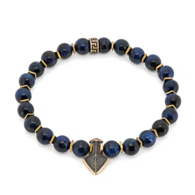 Ebru Jewelry Men's Gold / Blue Blue Tiger's Eye Stone Arrow Charm Beaded Bracelet - Blue
