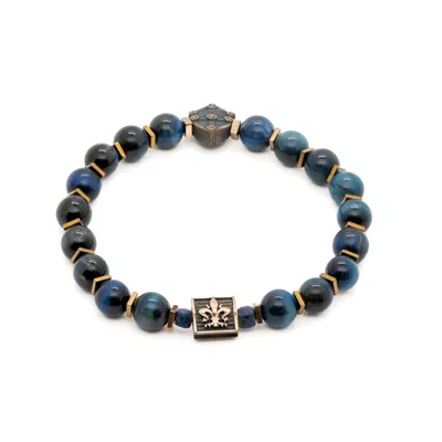 Ebru Jewelry Men's Gold / Blue Blue Tiger Eye Stone Shield Charm Beaded Bracelet - Blue In Multi