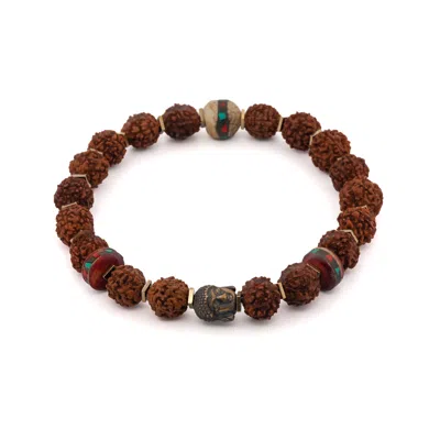 Ebru Jewelry Men's Gold / Brown Energy Stone Tibet Rudraksha Buddha Beaded Bracelet - Brown