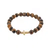 Ebru Jewelry Men's Gold / Brown Gold Cross Tiger's Eye Beaded Bracelet - Brown In Multi