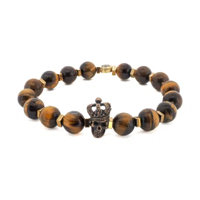 Ebru Jewelry Men's Gold / Brown Tiger's Eye Stone Beaded King Skull Charm Bracelet - Brown In Multi