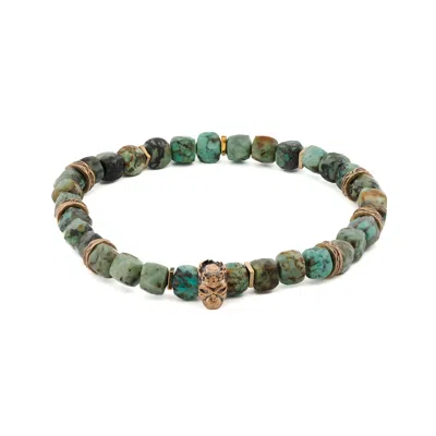Ebru Jewelry Men's Gold / Green King Skull Turquoise Stone Good Fortune Beaded Bracelet - Green