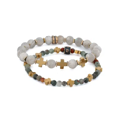 Ebru Jewelry Men's Gold / Green / White Labradorite & Africa Bloodstone Gold Cross Beaded Bracelet Set - Multicol