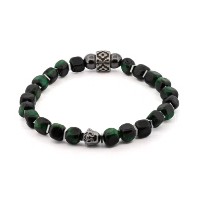 Ebru Jewelry Men's Green / Silver Green Tiger's Eye Buddha Bracelet - Green