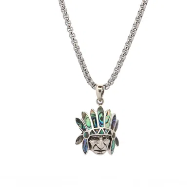 Ebru Jewelry Men's Green / Silver Mystic Pearl Inlay Chief Pendant Necklace - Green In Multi