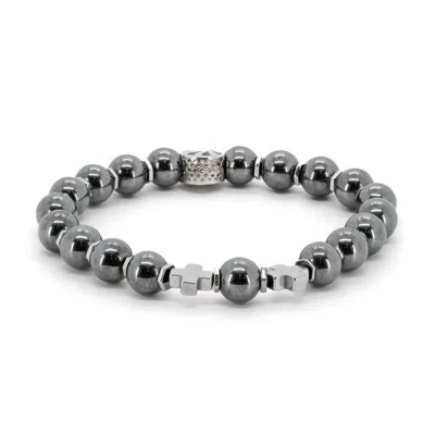 Ebru Jewelry Men's Grey / Silver / Black Natural Hematite Stone Sterling Sliver Accent Beaded Bracelet - Silver
