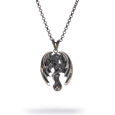 Ebru Jewelry Men's Legendary Dragon Cross Men's Sterling Silver Necklace - Silver In Black