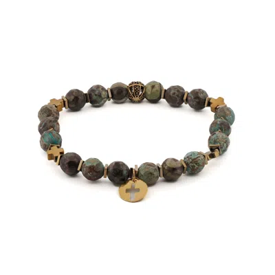 Ebru Jewelry Men's Silver / Gold / Brown African Turquoise Gold Cross Charm Beaded Bracelet - Brown In Multi