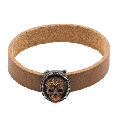 Ebru Jewelry Men's Sterling Silver & Diamond Skull Brown Leather Bracelet - Brown