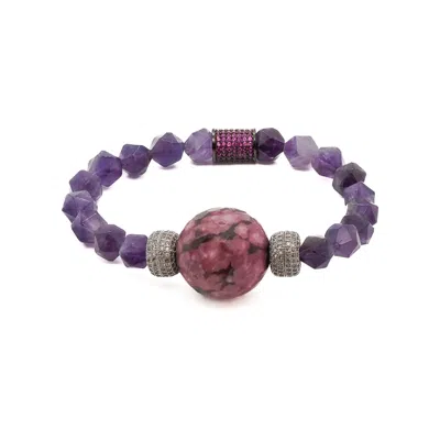 Ebru Jewelry Pink / Purple / Silver Stylish Women Amethyst & Diamond Beaded Bracelet - Pink