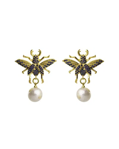 Ebru Jewelry Protection & Luck Plated 0.3mm Pearl Cz Drop Down Earrings In Neutral