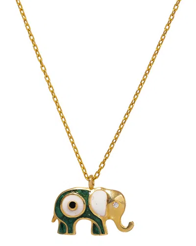 Ebru Jewelry Women's Gold / Green / White Wishful Elephant & Evil Eye Green Enamel Pendant Gold Chain Necklace - 