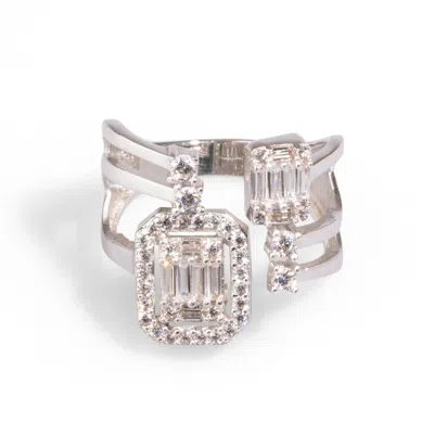 Ebru Jewelry Women's Baguette Diamond Adjustable Sterling Silver Fashion Ring - Silver