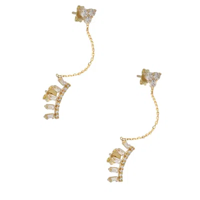 Ebru Jewelry Women's Baguette Diamond Double Stud Chain Gold Earrings - Gold