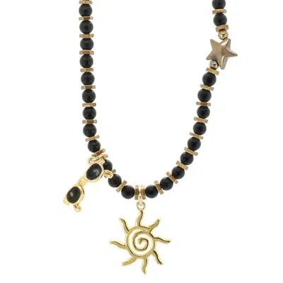 Ebru Jewelry Women's Black / Gold Vacation Mode Onyx Beaded Sun Necklace - Black
