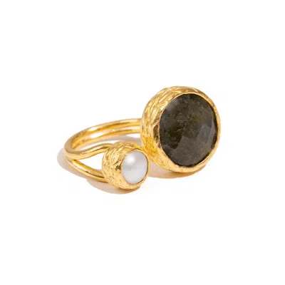 Ebru Jewelry Women's Black / White / Gold Mystic Duo Labradorite & Pearl Gold Adjustable Ring - Black In Brown