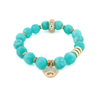 Ebru Jewelry Women's Blue / Gold Amazonite Stone Diamond Evil Eye Charm Beaded Bracelet - Blue