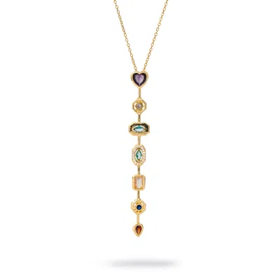 Ebru Jewelry Women's Blue / Gold Elegant Multi-gem Y Drop Statement Necklace - Gold