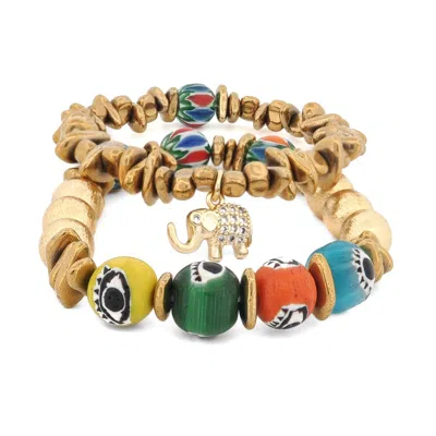 Ebru Jewelry Women's Blue / Gold Golden Elephant Colorful Evil Eye Beaded Bracelet Set - Gold