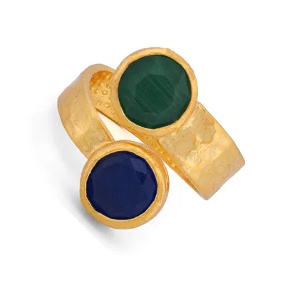 Ebru Jewelry Women's Green / Blue / Gold Royal Duo Emerald & Sapphire Gold Adjustable Cuff Ring - Multicolor