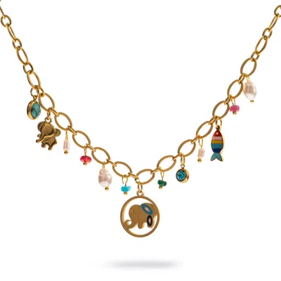 Ebru Jewelry Women's Blue / Gold Lucky Elephant & Fish Charm Choker Necklace - Gold In Multi