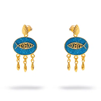 Ebru Jewelry Women's Blue / Gold Lucky Fish Turquoise Mosaic Gold Drop Earrings - Blue In Blue/gold