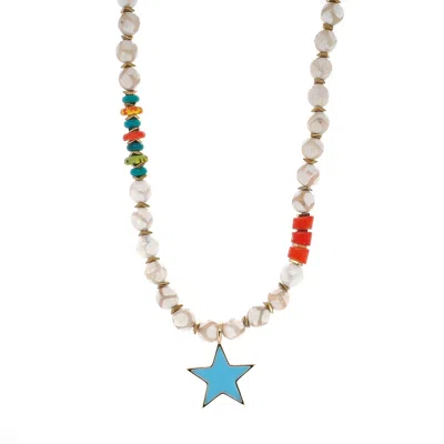 Ebru Jewelry Women's Blue / Gold / White Blue Star Tibetan Agate Choker Summer Necklace - Blue In Metallic