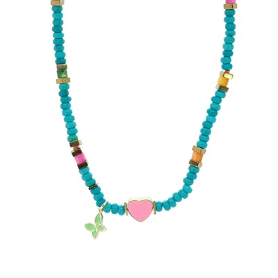 Ebru Jewelry Women's Blue / Green / Pink Lucky Heart & Butterfly Turquoise Charm Necklace - Blue