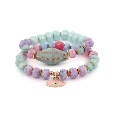 Ebru Jewelry Women's Blue / Pink / Purple Pastel Colors Beaded Evil Eye Pendant Spring Bracelet Set - Multicolour