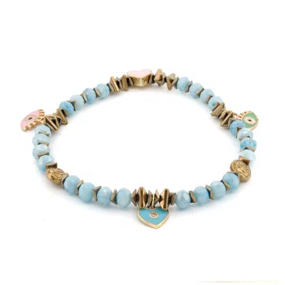 Ebru Jewelry Women's Blue / Pink / Purple Protective Evil Eye Heart Charm Blue Crystal Beaded Anklet - Blue