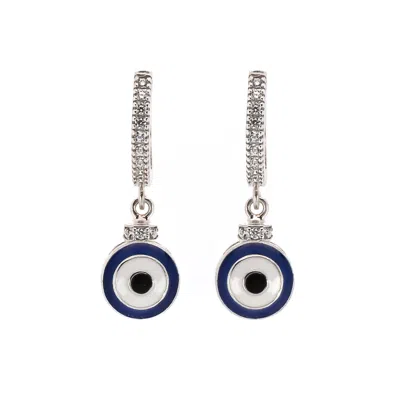 Ebru Jewelry Women's Blue / Silver Blue Enamel Sterling Silver Diamond Hoop Evil Eye Earrings - Silver In Multi