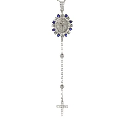 Ebru Jewelry Women's Blue / Silver Sapphire & Diamond Virgin Marry & Cross Pendant Sterling Silver Chain Necklace In Metallic