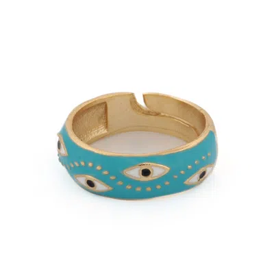 Ebru Jewelry Women's Blue / White / Gold Blue Enamel Evil Eye Gold Adjustable Band Ring - Blue In Multi