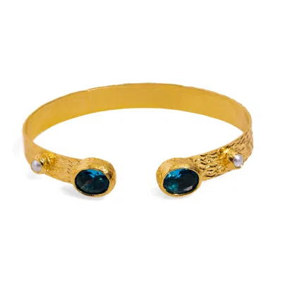 Ebru Jewelry Women's Blue / White / Gold Cleopatra Blue Topaz & Pearl Adjustable Gold Cuff Bracelet - Blue In Multi
