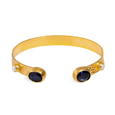 Ebru Jewelry Women's Blue / White / Gold Cleopatra Sapphire & Pearl Adjustable Gold Cuff Bracelet - Blue
