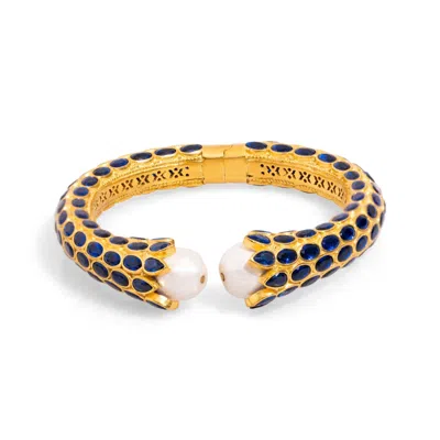 Ebru Jewelry Women's Blue / White / Gold Cleopatra Sapphire & Pearl Gold Chunky Cuff Bracelet - Blue