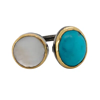 Ebru Jewelry Women's Blue / White / Gold Double Gemstone Sterling Silver Ring - Turquoise - In Multi