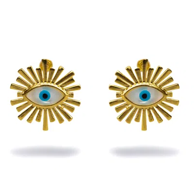 Ebru Jewelry Women's Blue / White / Gold Guardian Aura Chunky Gold & Pearl Evil Eye Stud Earrings - Blue In Multi