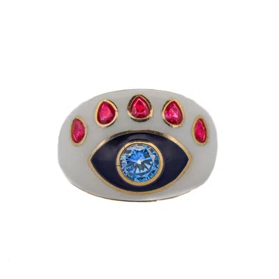 Ebru Jewelry Women's Blue / White / Gold Guardian Blue Topaz & Ruby Evil Eye White Enamel Adjustable Ring - White