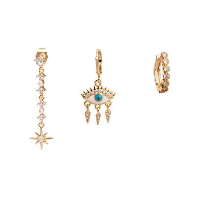 Ebru Jewelry Women's Blue / White / Gold Guidance Star Evil Eye & Diamond Hoop Protection Gold Trio Earring Set -
